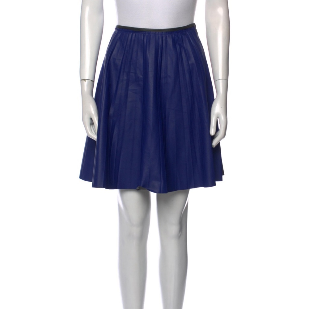 Cedric Charlier Faux Leather Blue and Black Pleated High Waisted Skater Skirt